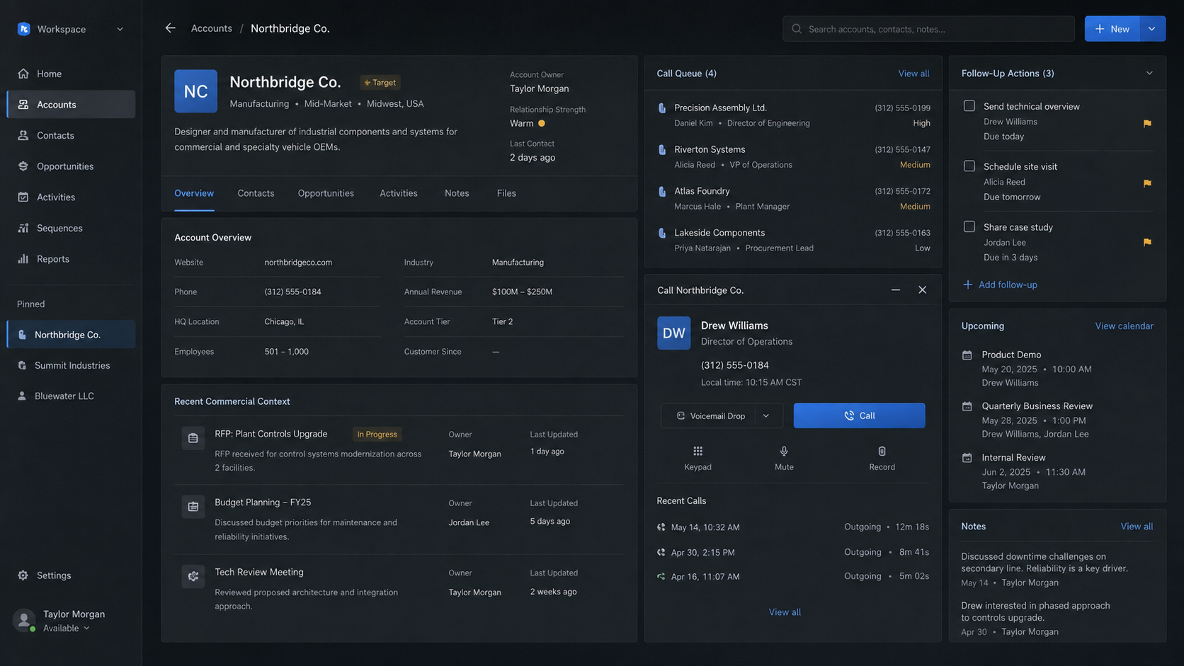 An anonymized concept view of Sidecar’s account, calling, and follow-up workspace.