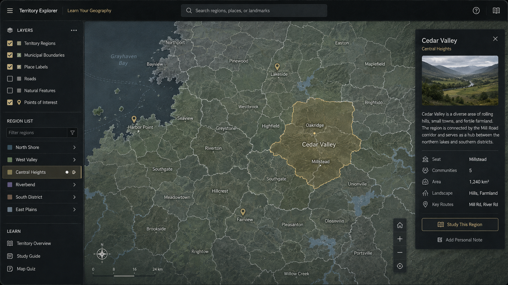 An anonymized concept view of Territory Atlas showing regional boundaries and place information.
